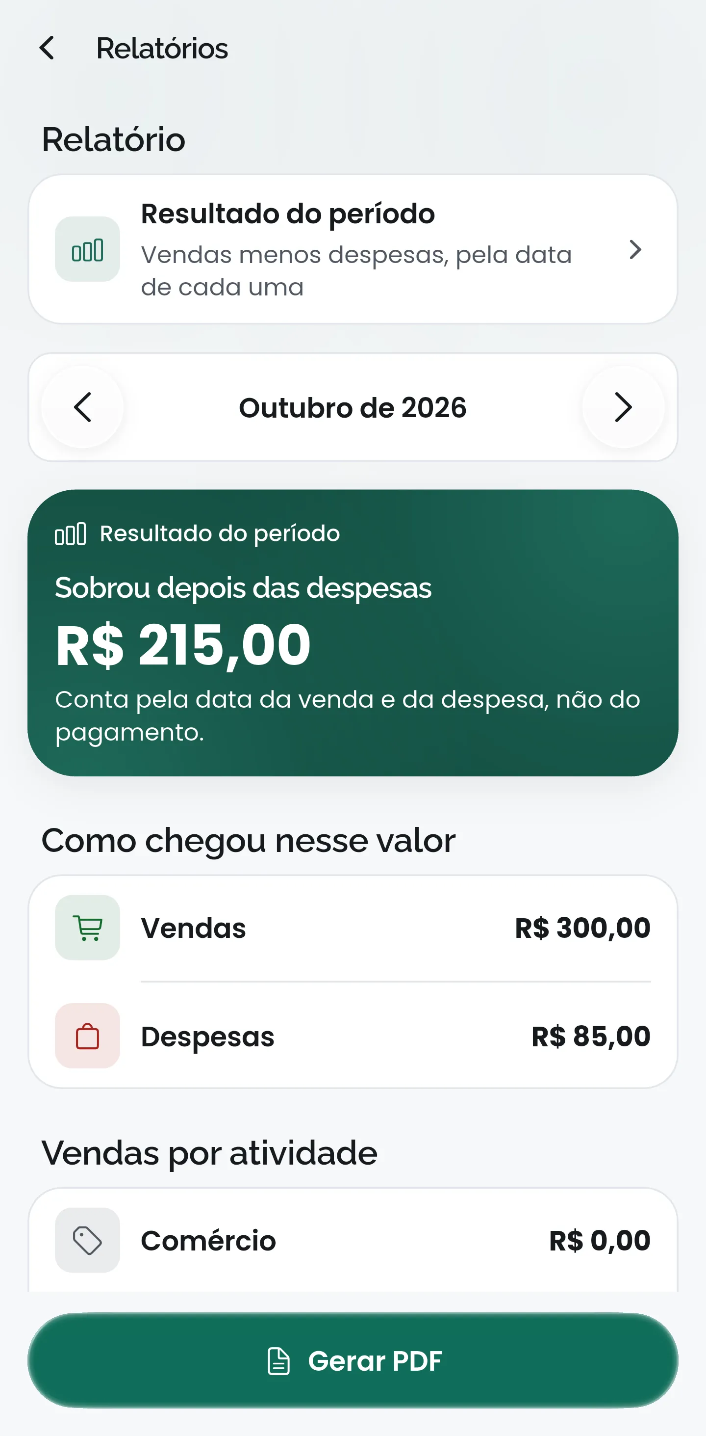 Relatórios do CobMEI, com o resultado do período e o botão de gerar PDF